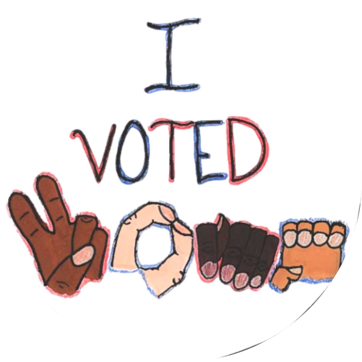 Winning 'I Voted' sticker with Vote spelled out in sign language